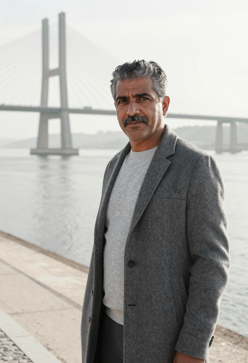 AI vasco da gama bridge engineer tagus grey sample — portrait of a man, of Goan descent in his fifties with warm