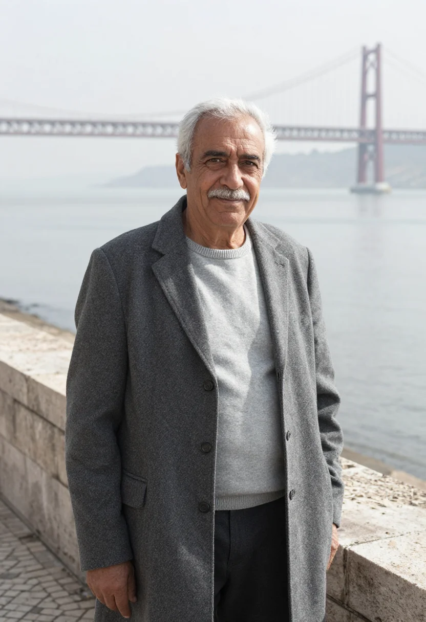 AI vasco da gama bridge engineer tagus grey sample — portrait of a man, in his sixties with weathered olive skin,