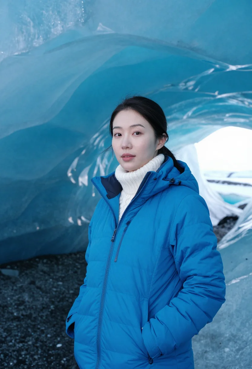 AI vatnajokull glaciologist ice blue sample — portrait of a woman, a glaciologist in her late twenties of