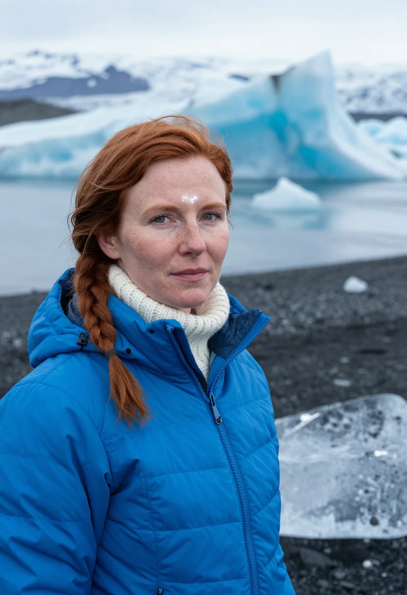 AI vatnajokull glaciologist ice blue sample — portrait of a woman, a glaciologist in her forties of Icelan
