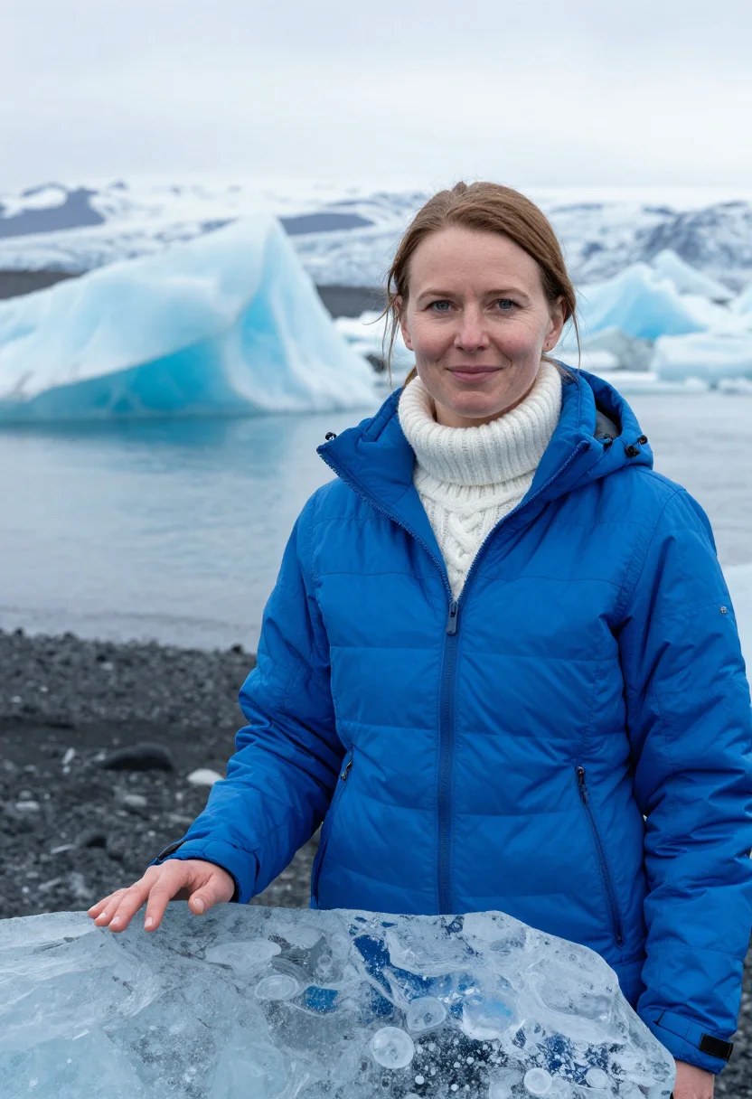 AI vatnajokull glaciologist ice blue sample — portrait of a woman, a glaciologist in her mid-thirties of G