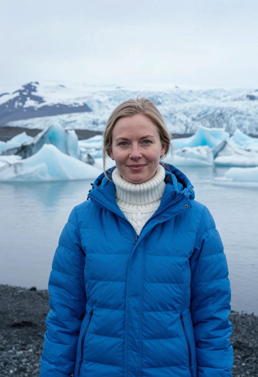 AI vatnajokull glaciologist ice blue sample — portrait of a woman, a glaciologist in her late twenties of