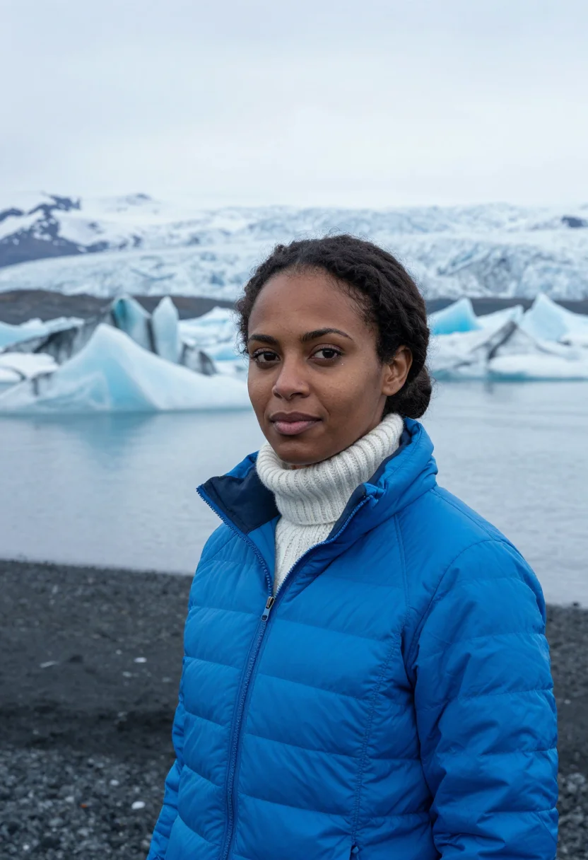 AI vatnajokull glaciologist ice blue sample — portrait of a woman, a glaciologist in her early thirties of