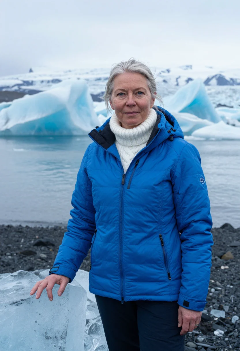 AI vatnajokull glaciologist ice blue sample — portrait of a woman, a glaciologist in her fifties of Norweg