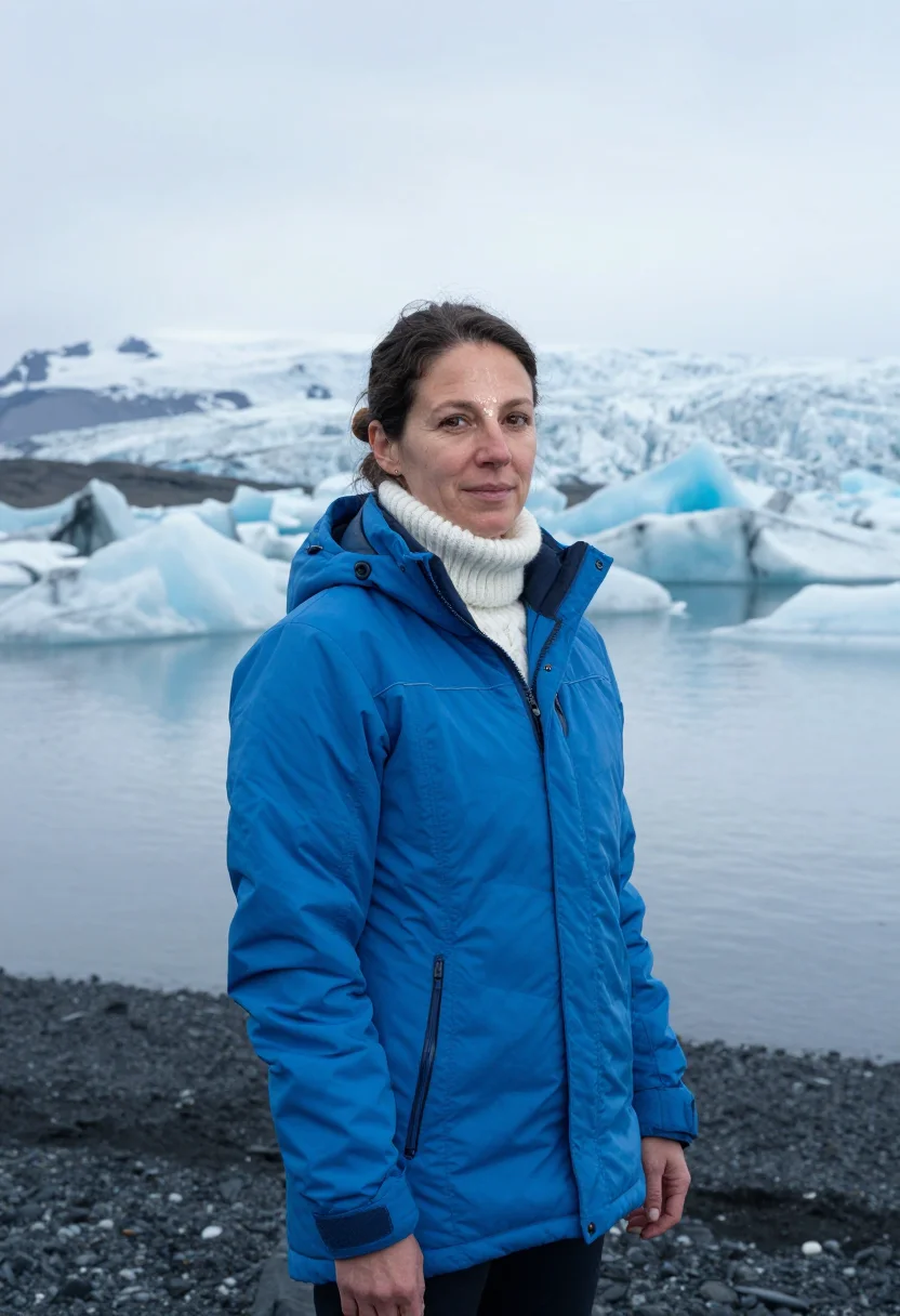 AI vatnajokull glaciologist ice blue sample — portrait of a woman, a glaciologist in her forties of French