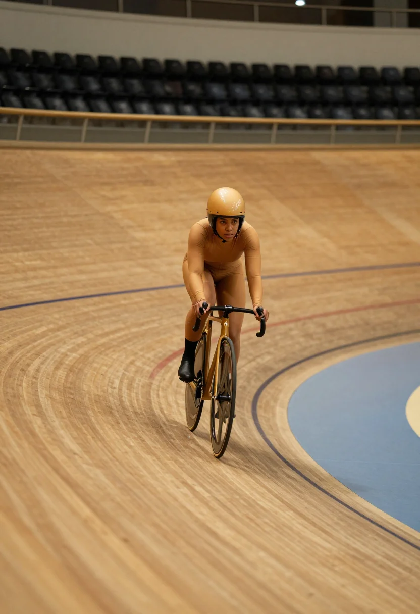 AI velodrome boards honey sample — portrait of a woman, framed wide from the centre of the infi