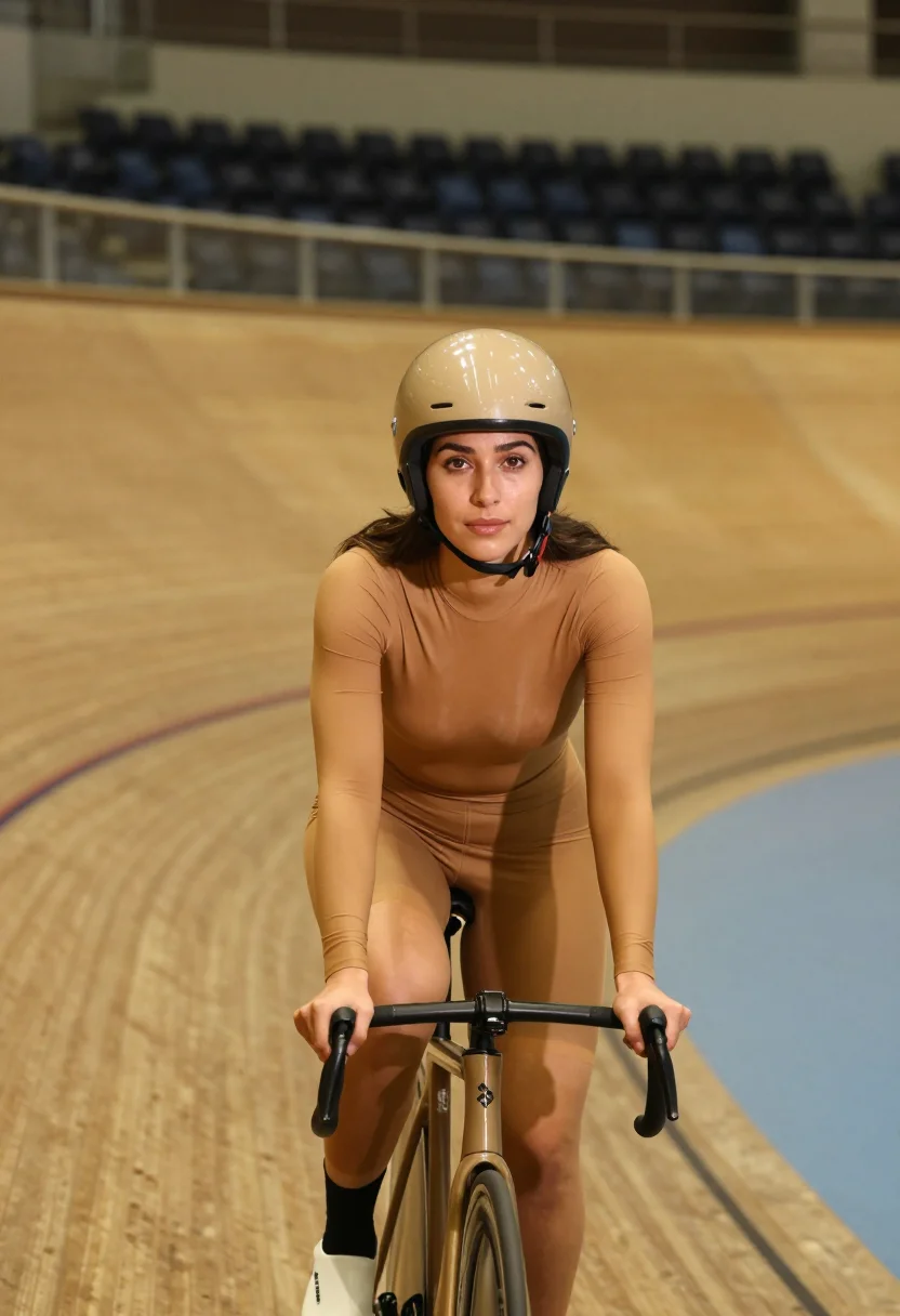 AI velodrome boards honey sample — portrait of a woman, framed chest-up, the camera at eye leve