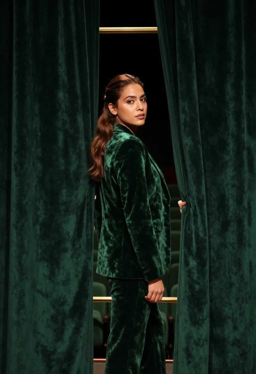 AI velvet bottle green sample — portrait of a woman, half-length portrait of a woman in her