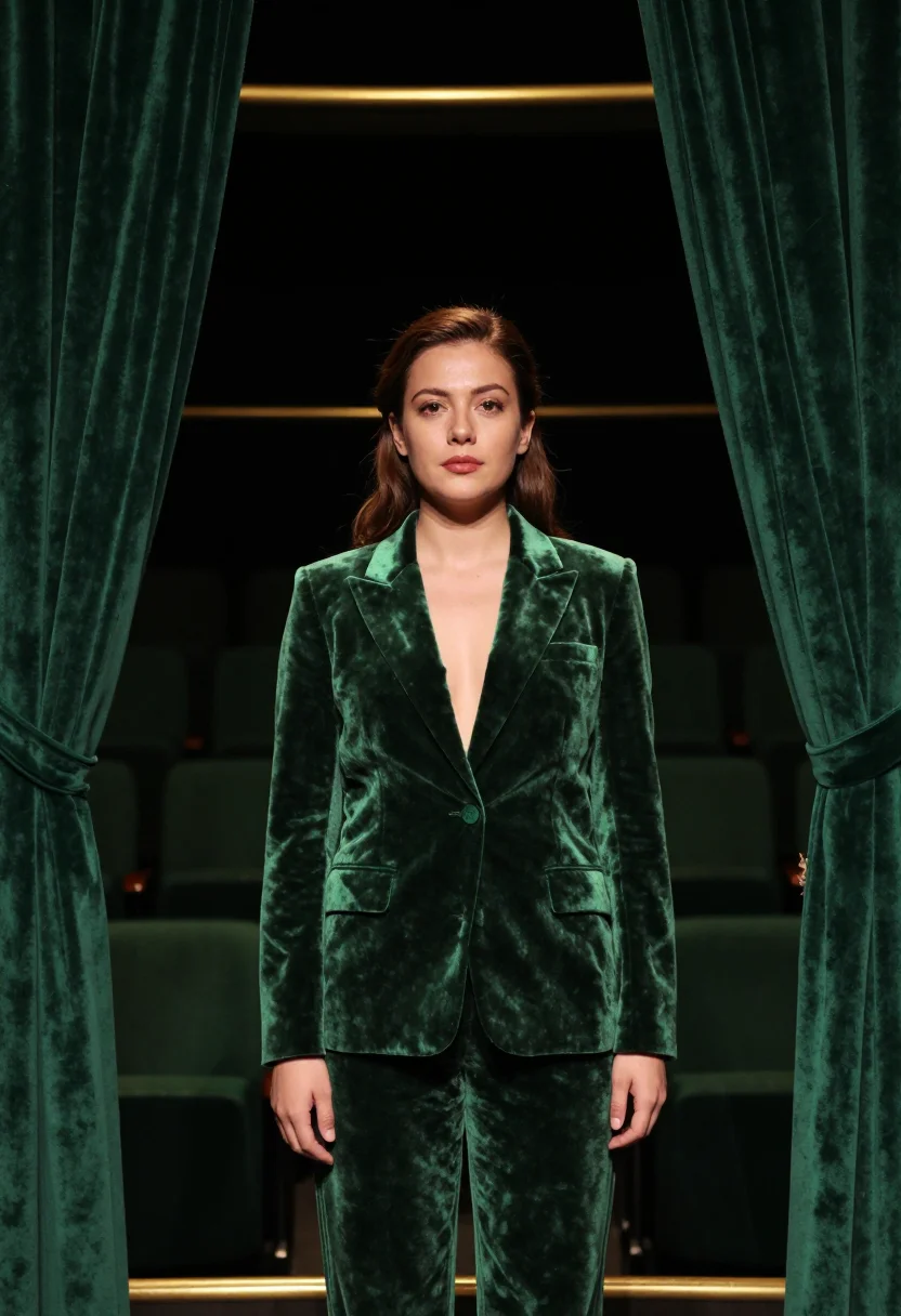 AI velvet bottle green sample — portrait of a woman, chest-up portrait of a woman in her ear