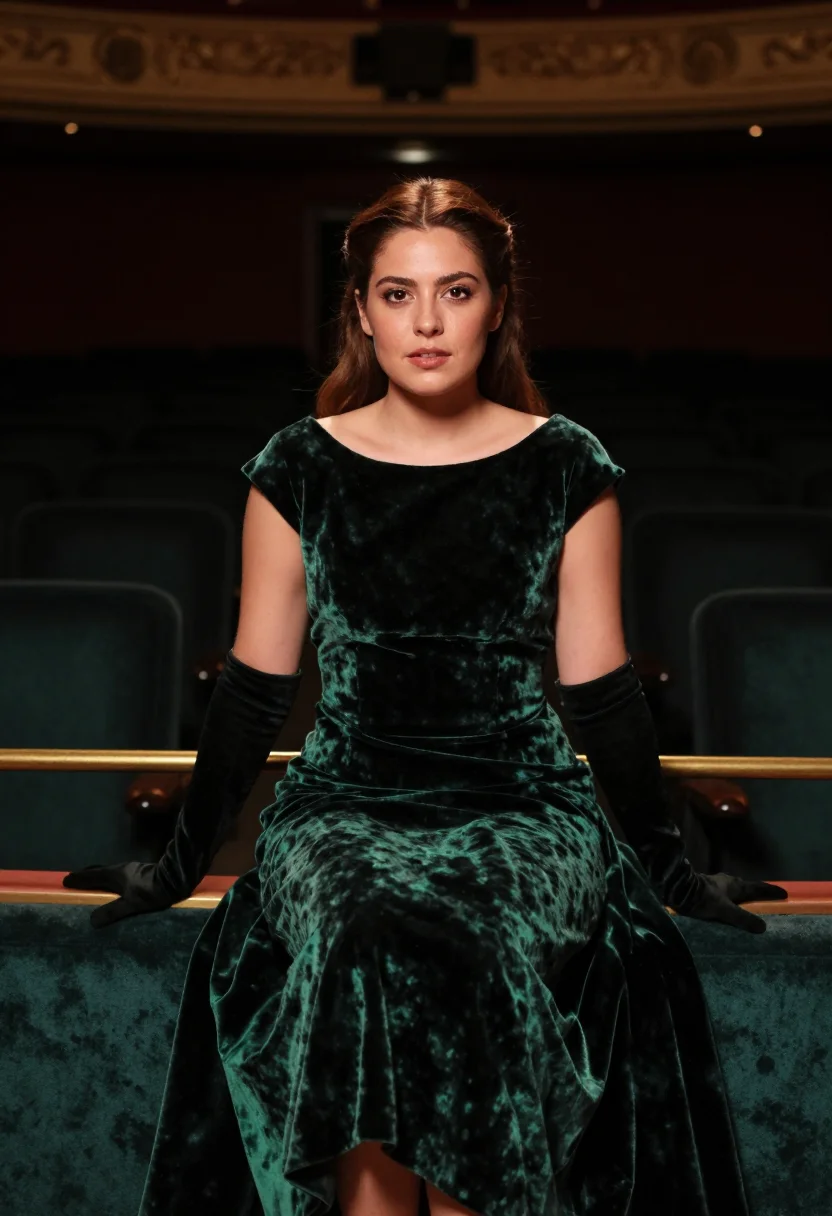 AI velvet bottle green sample — portrait of a woman, waist-up portrait of a woman in her ear