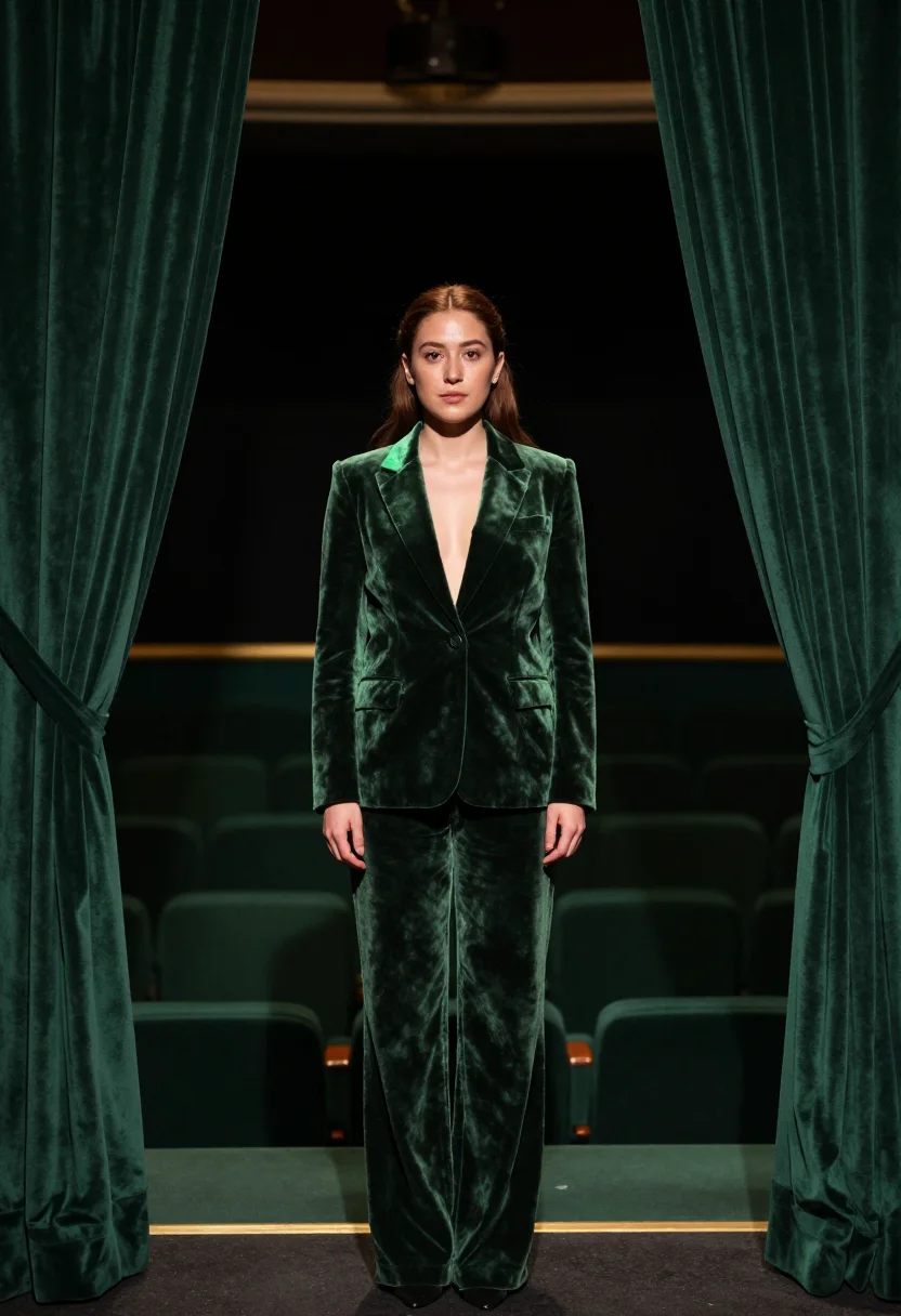AI velvet bottle green sample — portrait of a woman, full-length portrait of a woman in her