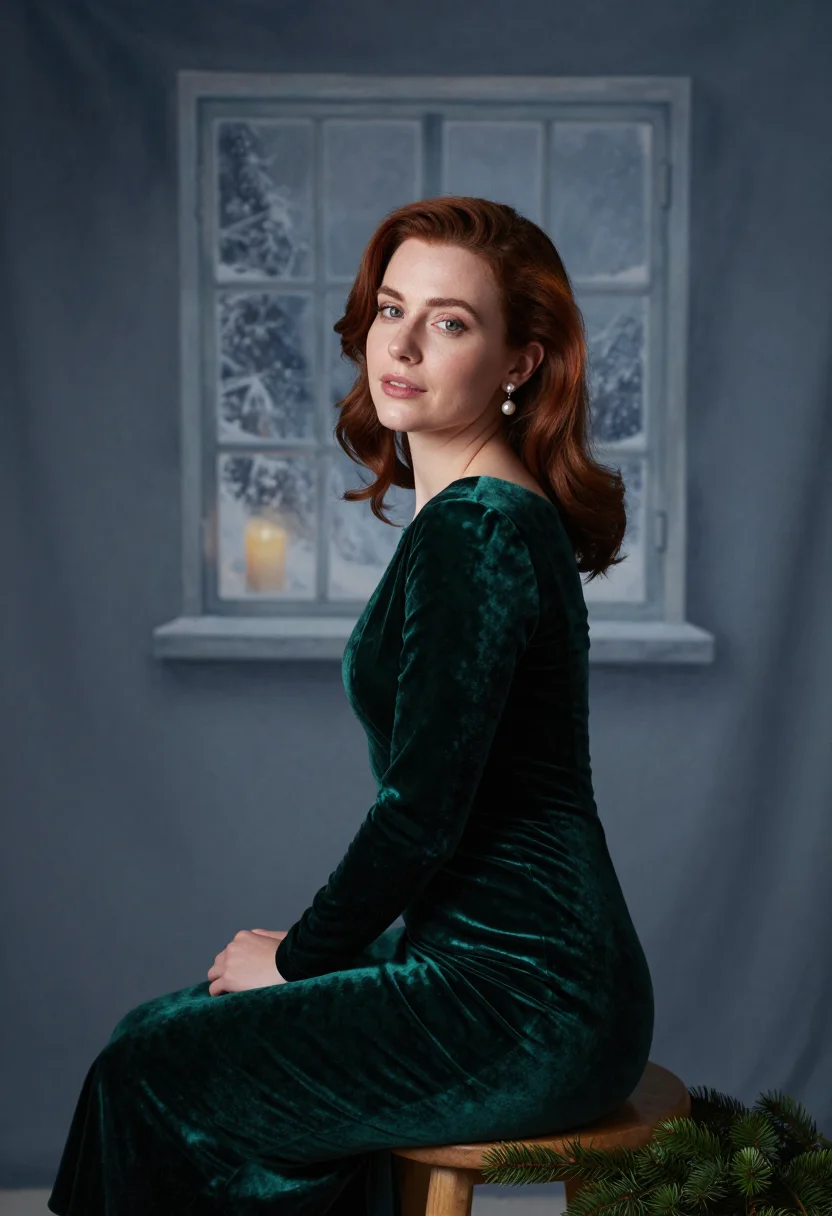 AI velvet card portrait sample — editorial portrait photograph, a Western-European woman in h