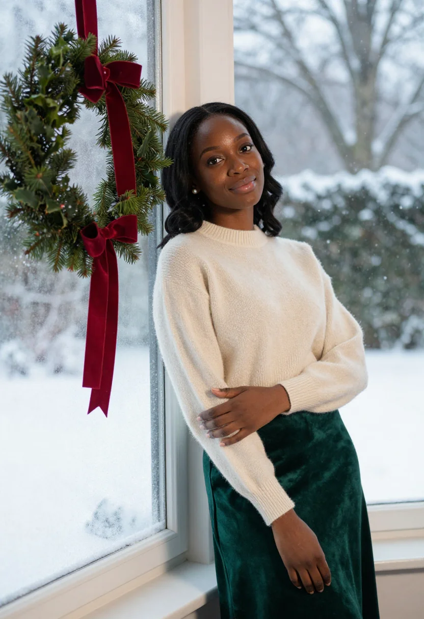AI velvet card portrait sample — editorial portrait photograph, a Black British woman in her