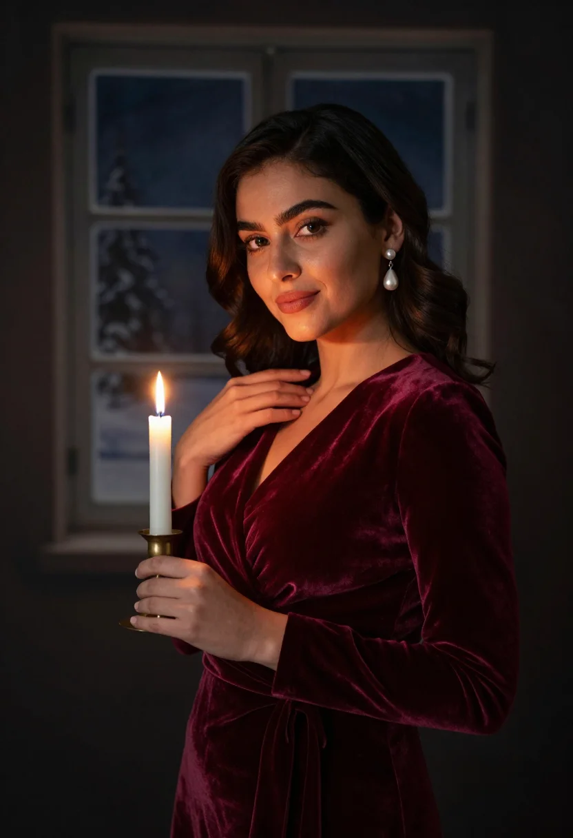 AI velvet card portrait sample — editorial portrait photograph, a Southern-European woman in