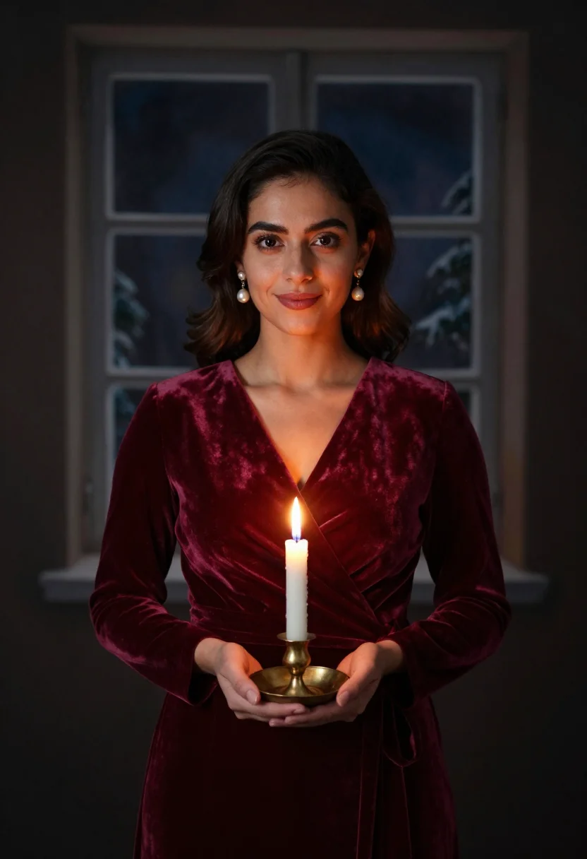 AI velvet card portrait sample — editorial portrait photograph, a Southern-European woman in