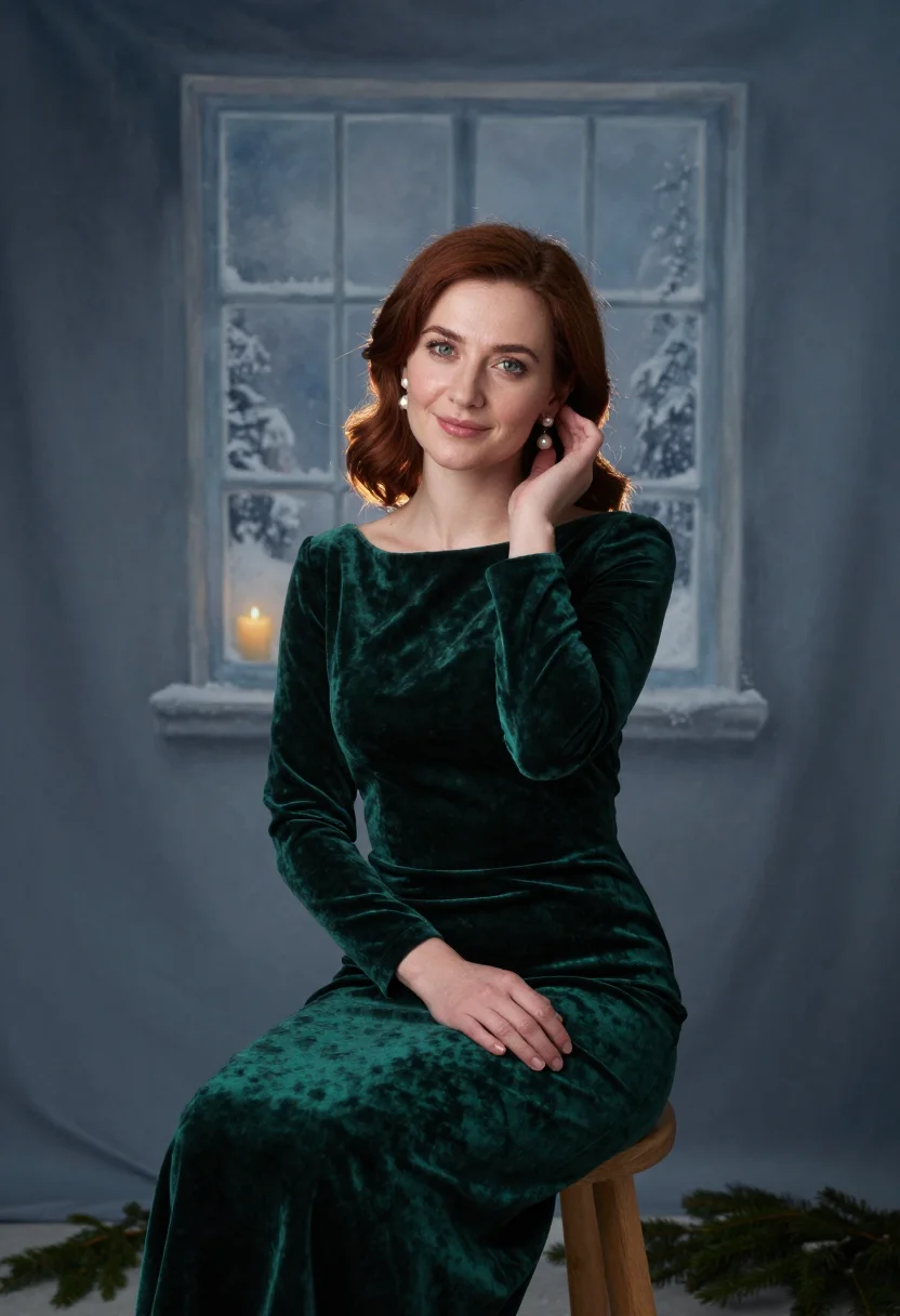 AI velvet card portrait sample — editorial portrait photograph, a Western-European woman in h