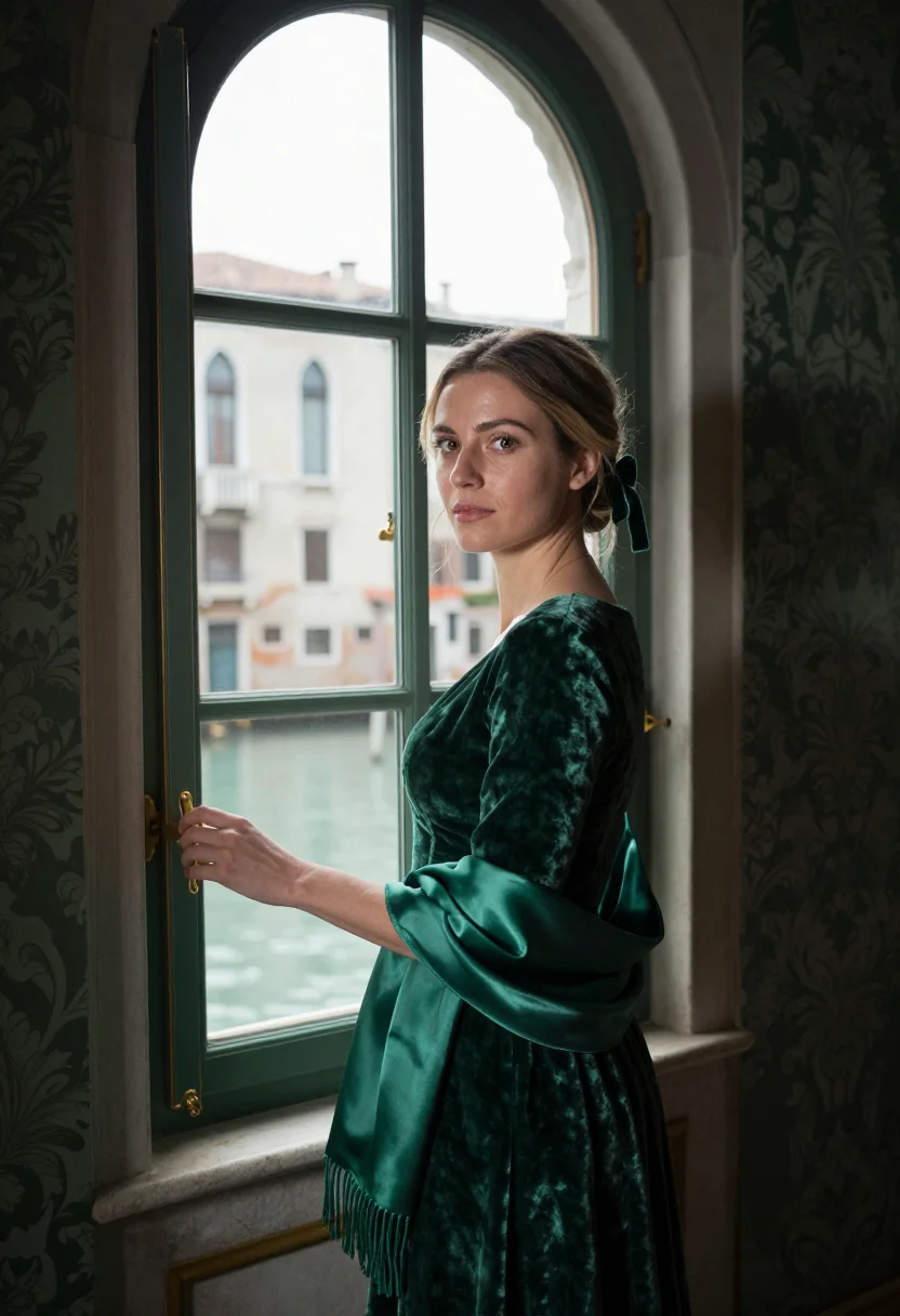 AI velvet october emerald sample — portrait of a woman, three-quarter-length portrait of a Swis
