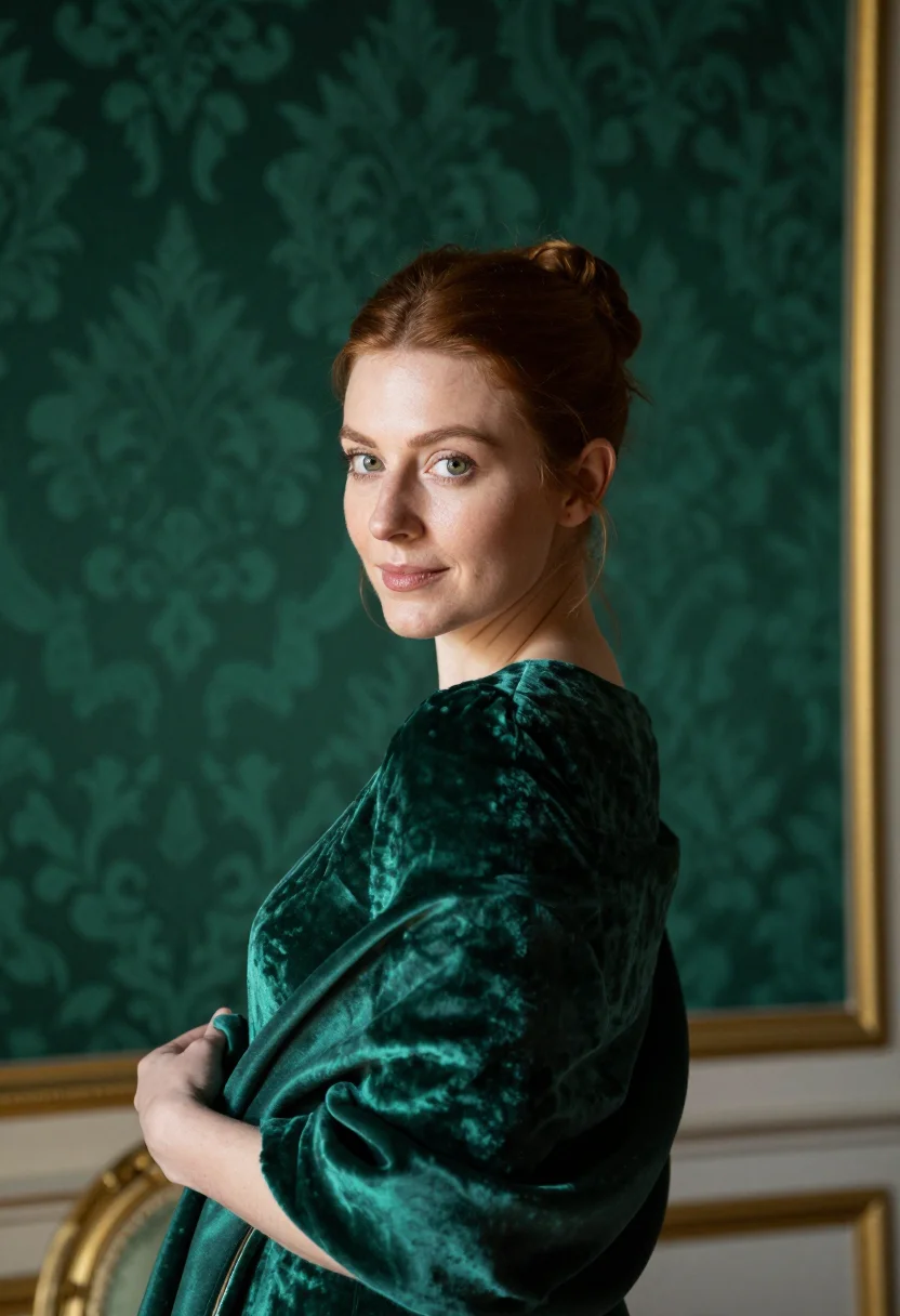 AI velvet october emerald sample — portrait of a woman, head-and-shoulders portrait of a French