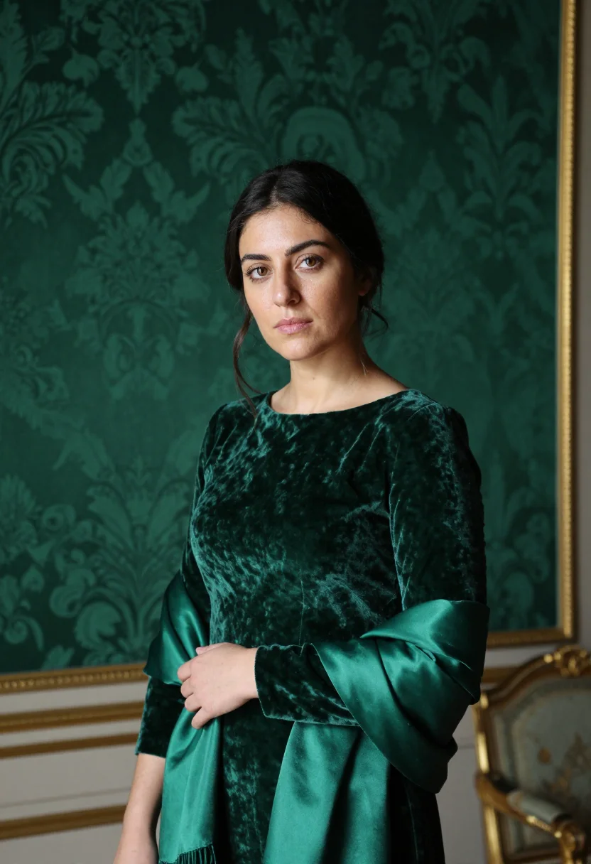 AI velvet october emerald sample — portrait of a woman, half-length portrait of a Spanish woman