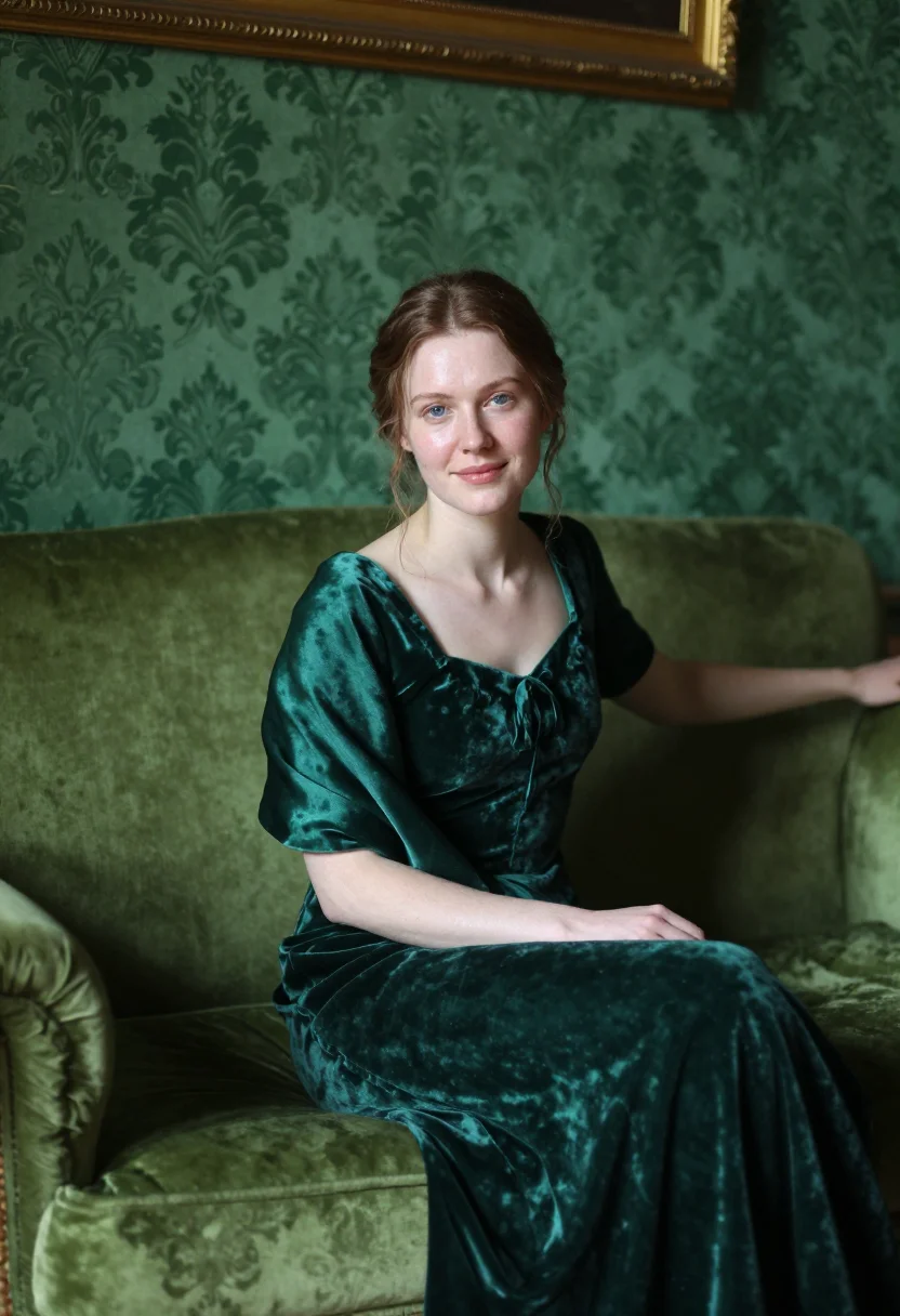 AI velvet october emerald sample — portrait of a woman, three-quarter-length seated portrait of