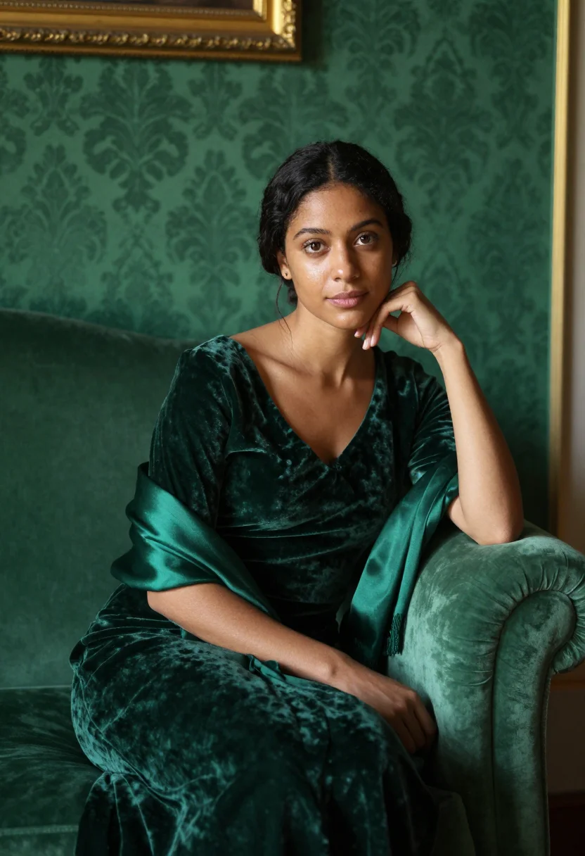 AI velvet october emerald sample — portrait of a woman, half-length seated portrait of a Portug