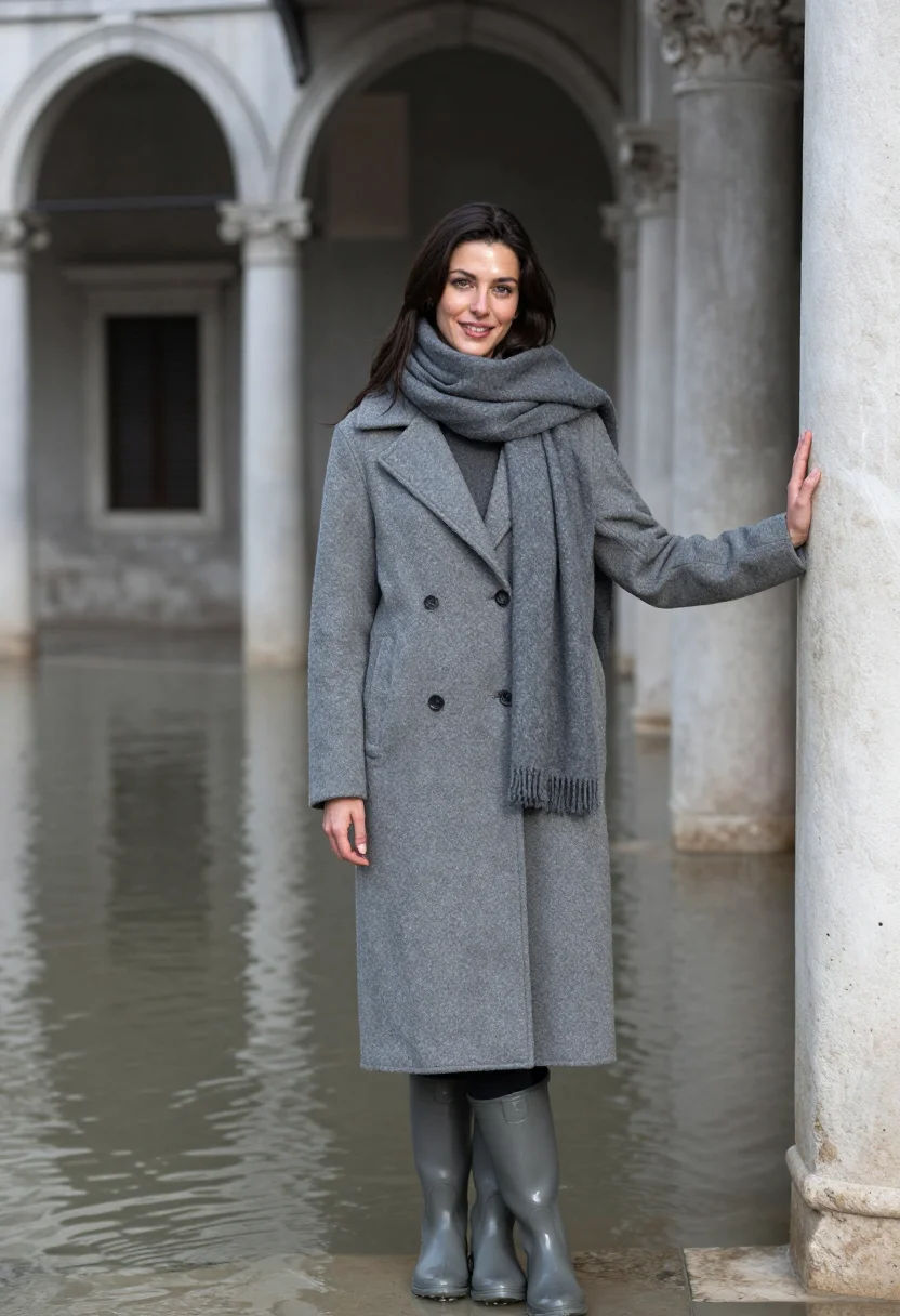 AI venice acqua alta november boots grey sample — portrait of a woman, framed chest-up, cropped at the ribs, t