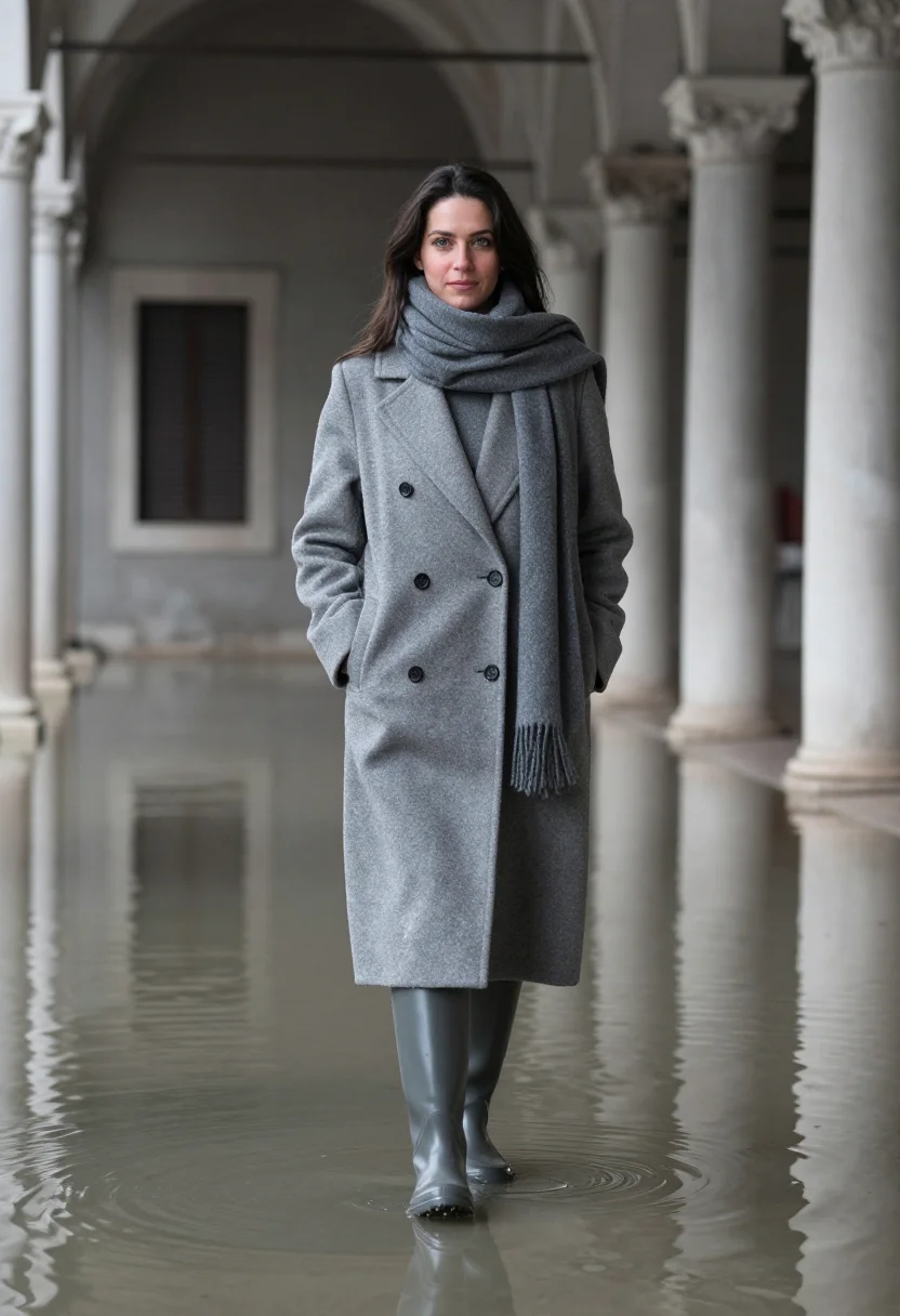 AI venice acqua alta november boots grey sample — portrait of a woman, framed full-length from the head to the
