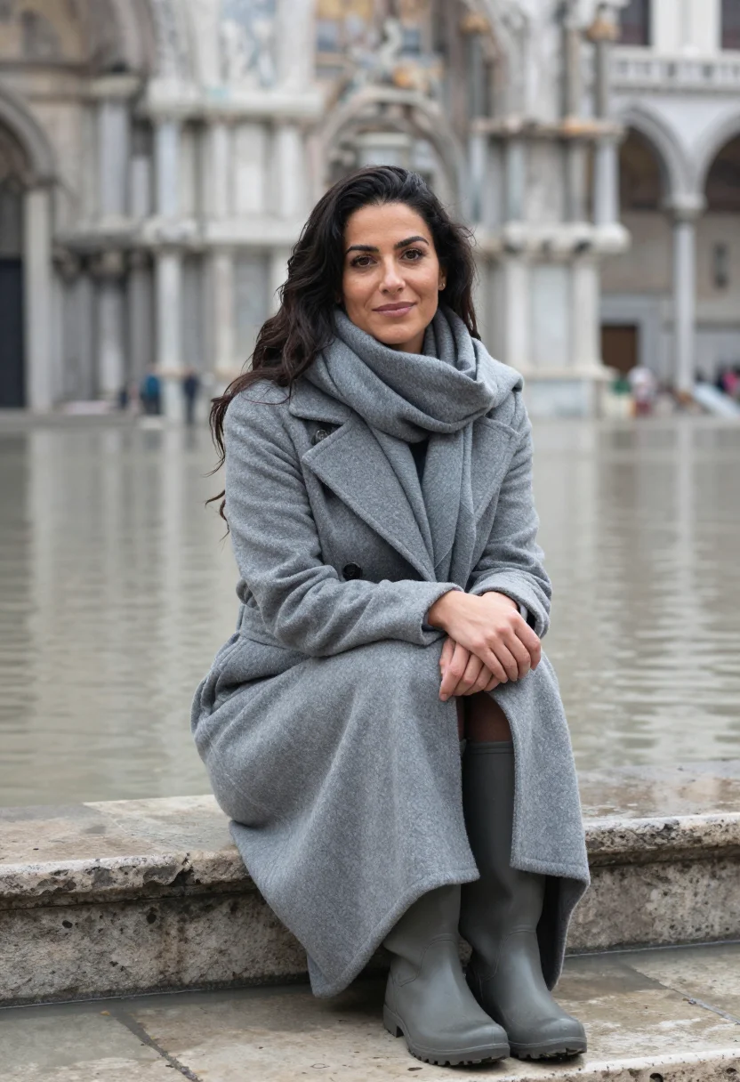 AI venice acqua alta november boots grey sample — portrait of a woman, framed chest-up, cropped at the ribs, t