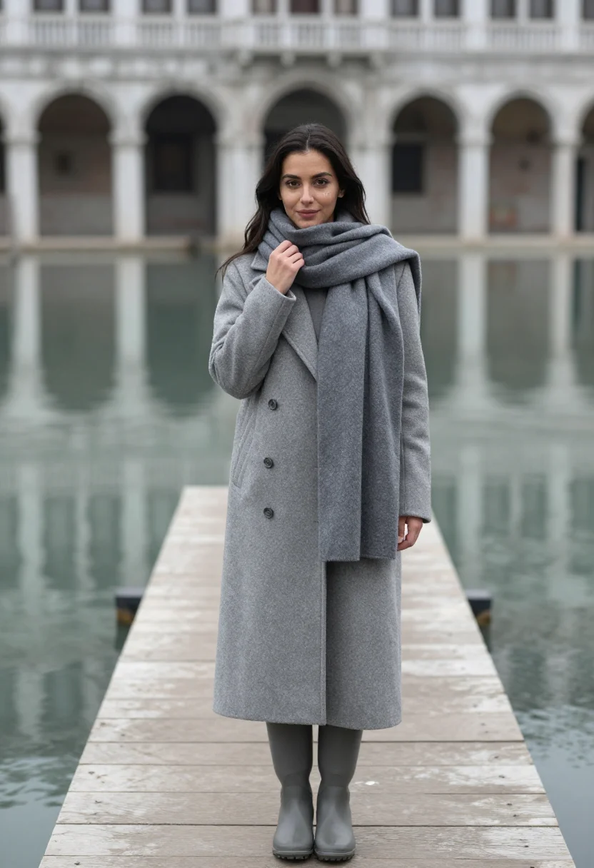 AI venice acqua alta november boots grey sample — portrait of a woman, framed chest-up, cropped at the ribs, t