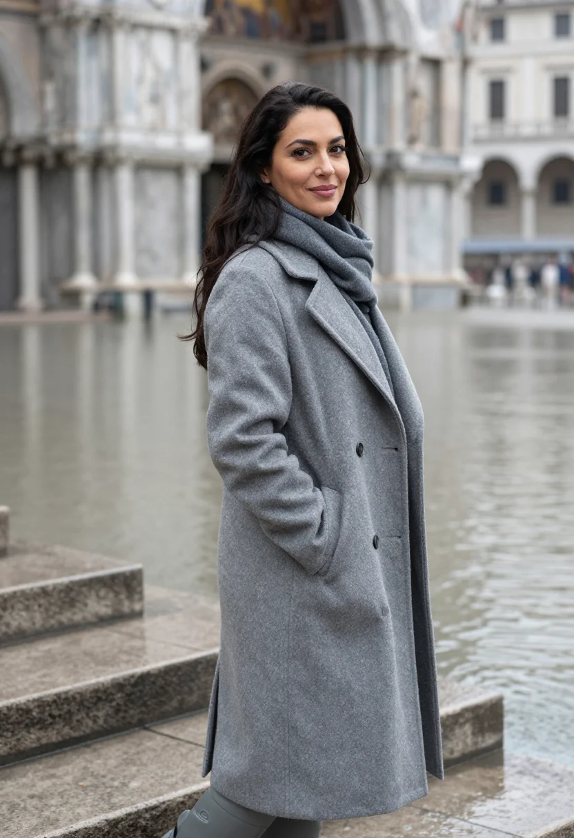 AI venice acqua alta november boots grey sample — portrait of a woman, framed tight, head and shoulders, the b