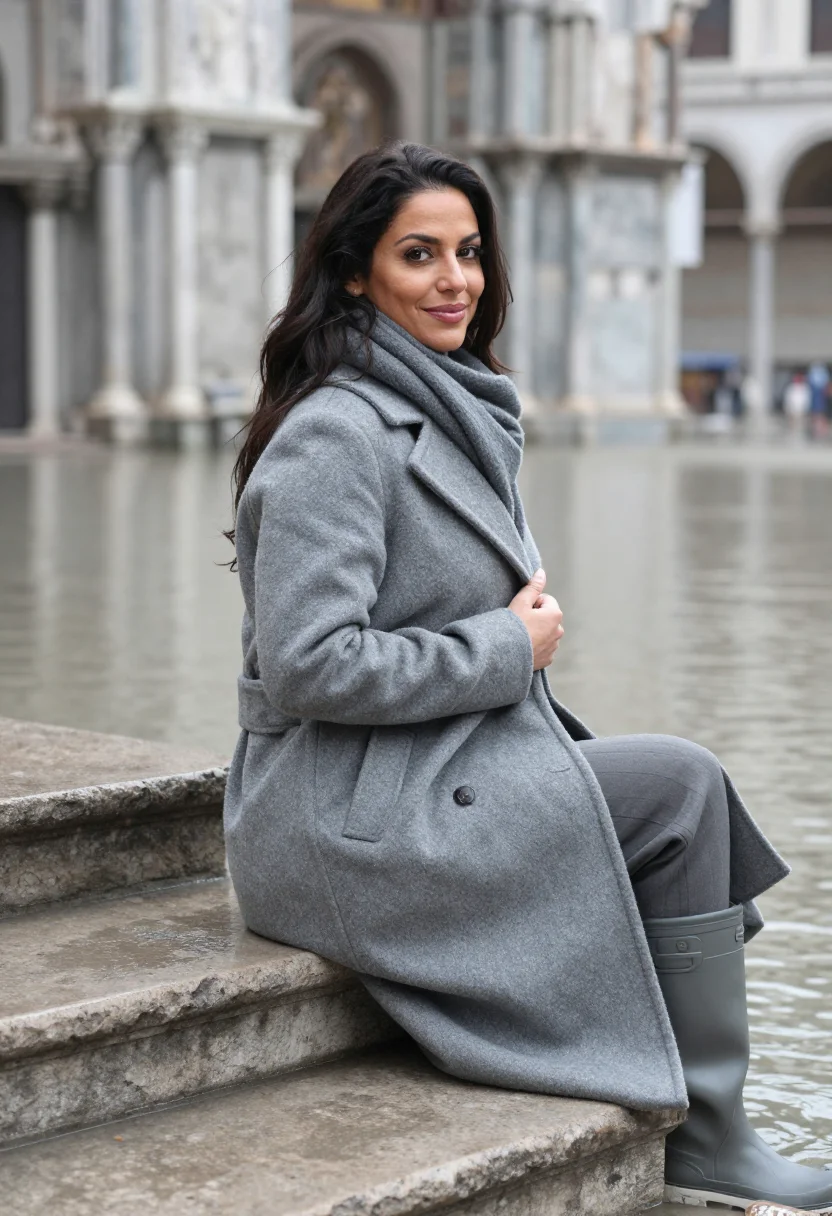 AI venice acqua alta november boots grey sample — portrait of a woman, framed half-length from the head to the