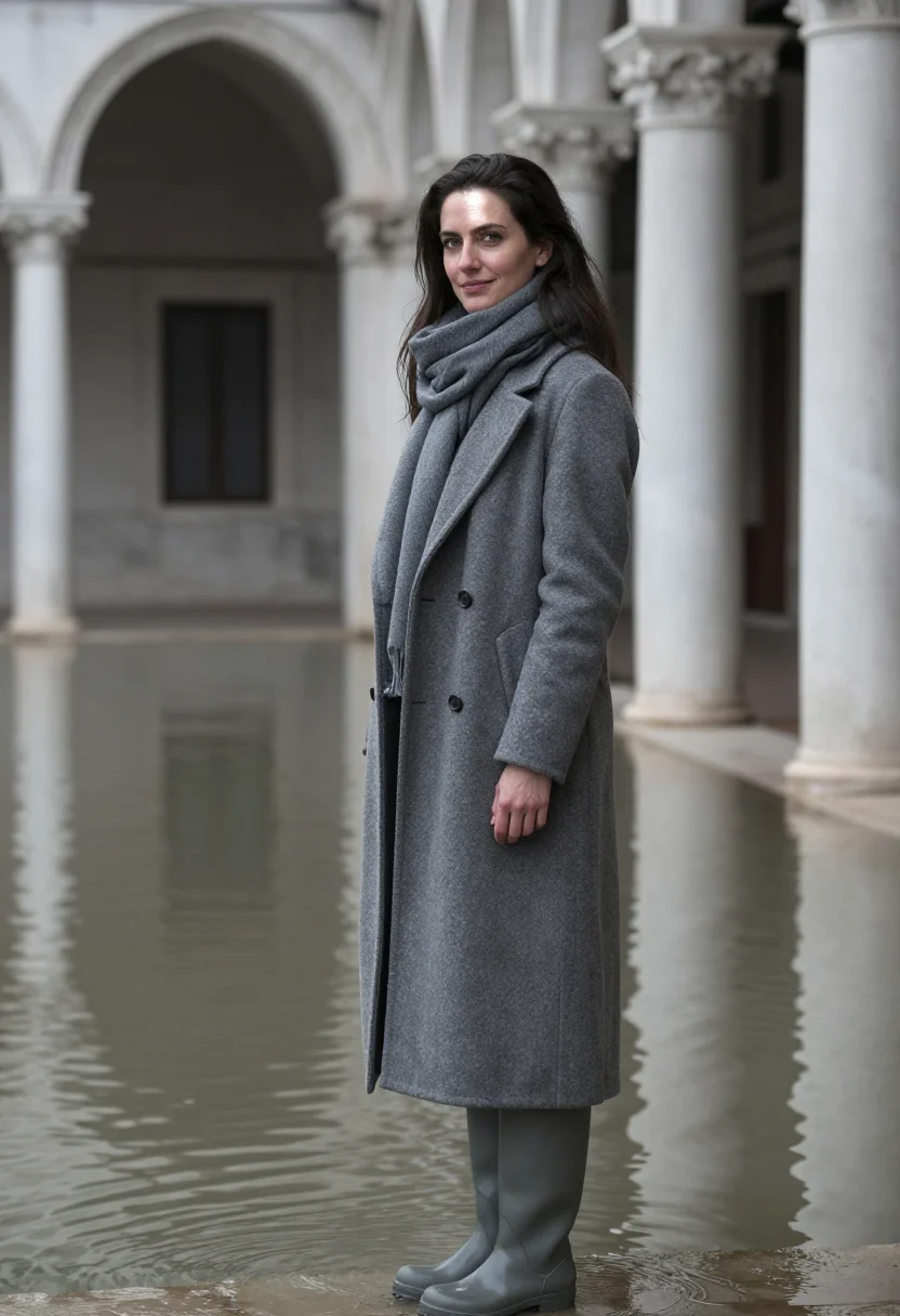 AI venice acqua alta november boots grey sample — portrait of a woman, framed tight, head and shoulders, the b