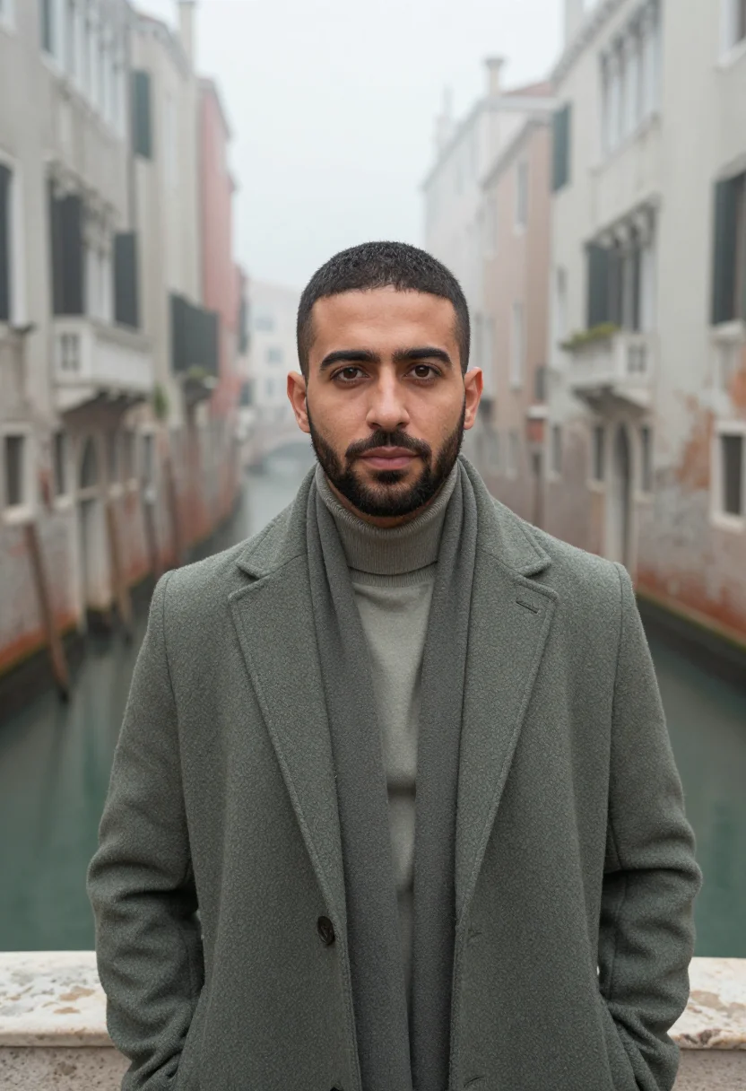 AI venice february fog sample — portrait of a man, tight head-and-shoulders portrait of a So