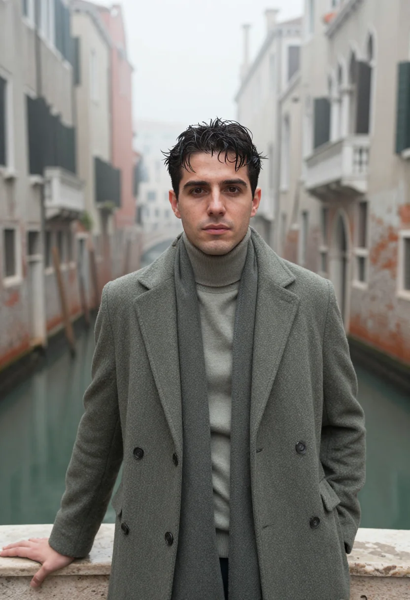 AI venice february fog sample — portrait of a man, chest-up portrait of a Western-European m