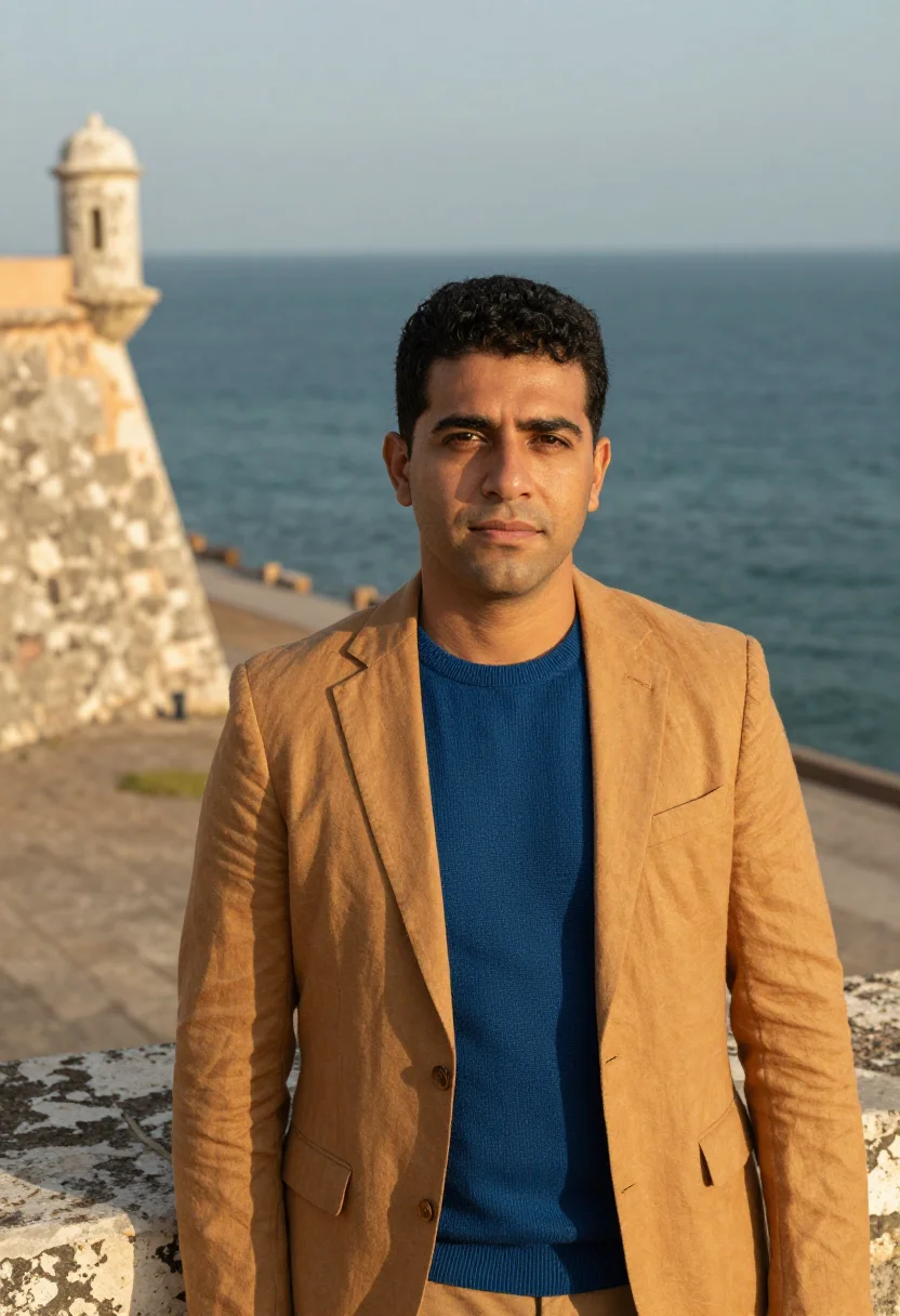 AI veracruz port director colonial coral stone sea sample — portrait of a man, a Lebanese-Mexican port director in his e