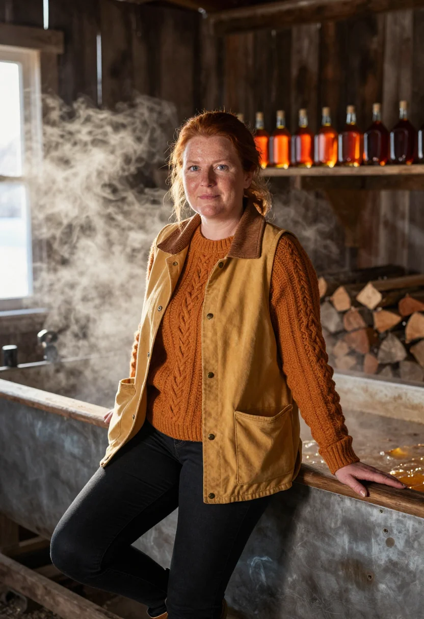AI vermont sugarhouse owner maple amber sample — portrait of a woman, in her late forties, with fair freckled