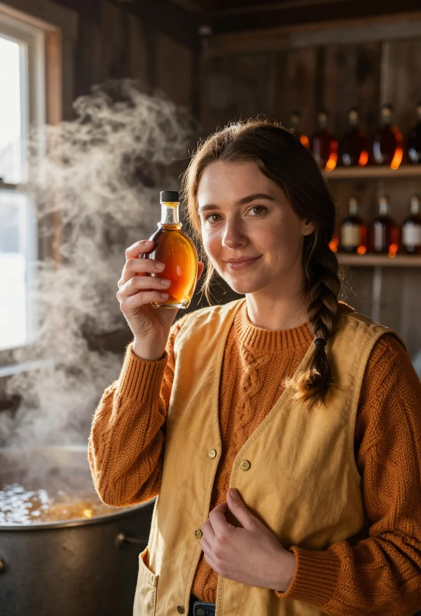 AI vermont sugarhouse owner maple amber sample — portrait of a woman, in her mid-thirties, with warm ivory sk