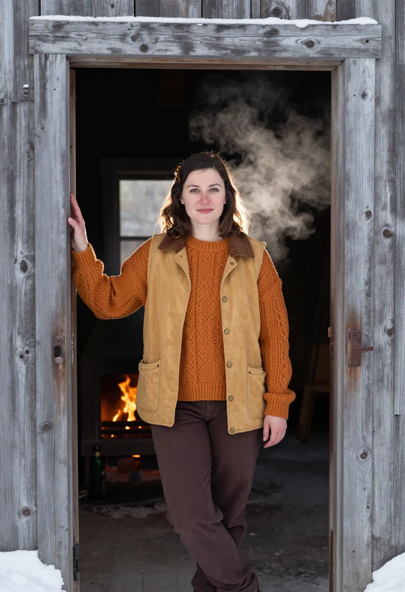 AI vermont sugarhouse owner maple amber sample — portrait of a woman, in her late twenties, with warm olive s