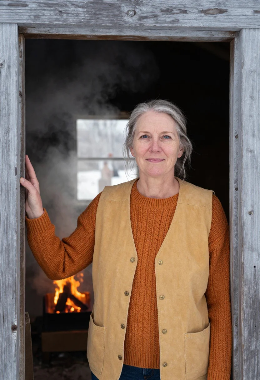 AI vermont sugarhouse owner maple amber sample — portrait of a woman, in her mid-fifties, with fair weathered