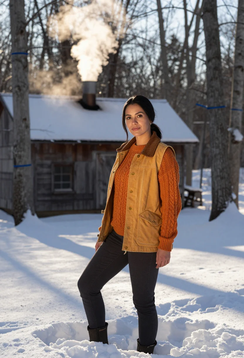 AI vermont sugarhouse owner maple amber sample — portrait of a woman, in her mid-thirties, with warm tan skin