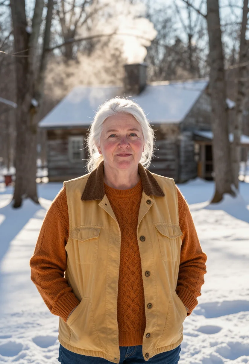 AI vermont sugarhouse owner maple amber sample — portrait of a woman, in her early sixties, with fair pink-to