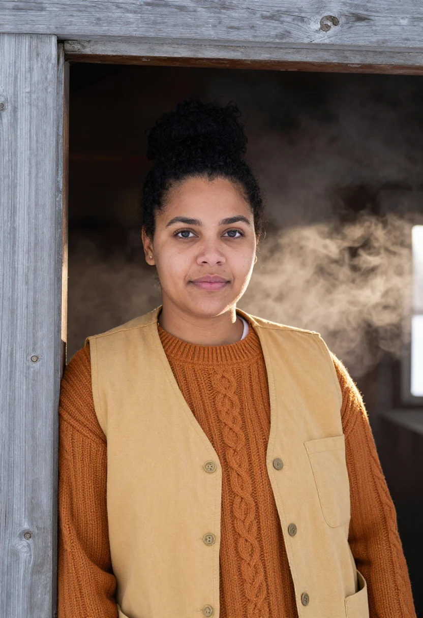AI vermont sugarhouse owner maple amber sample — portrait of a woman, in her early thirties, with deep brown