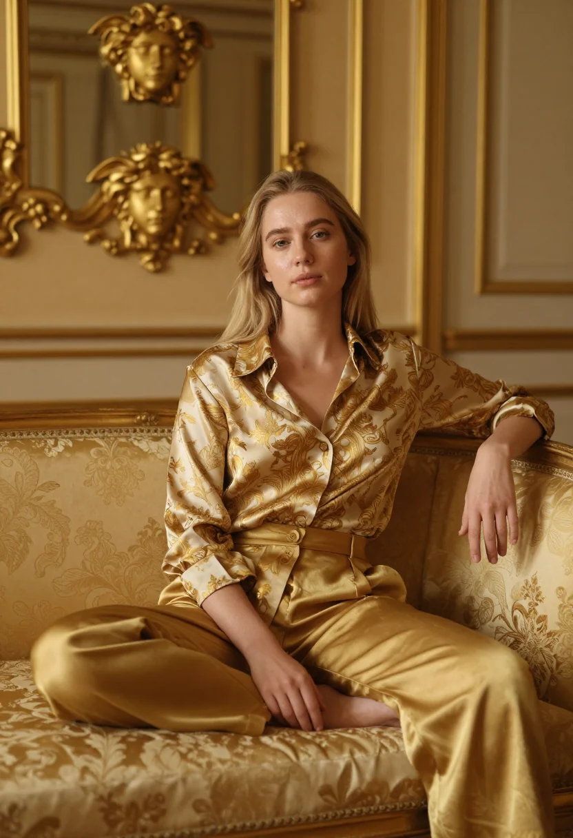 AI versace gold sample — portrait of a woman, three-quarter-length seated portrait of