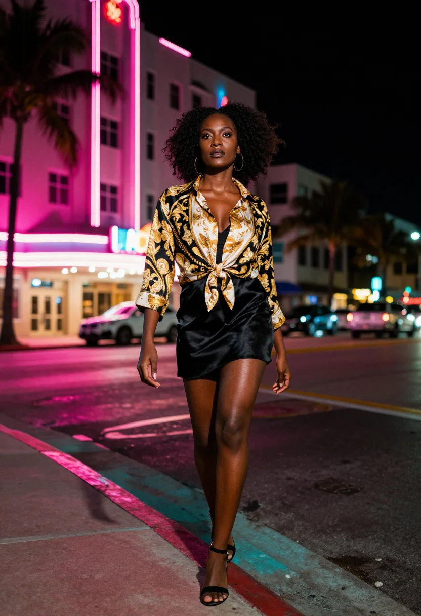 AI versace nineties sample — portrait of a woman, three-quarter-length portrait of a Blac