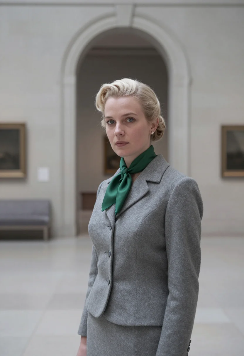 AI vertigo san francisco madeleine grey suit emerald sample — portrait of a woman, a Western European woman in her late tw