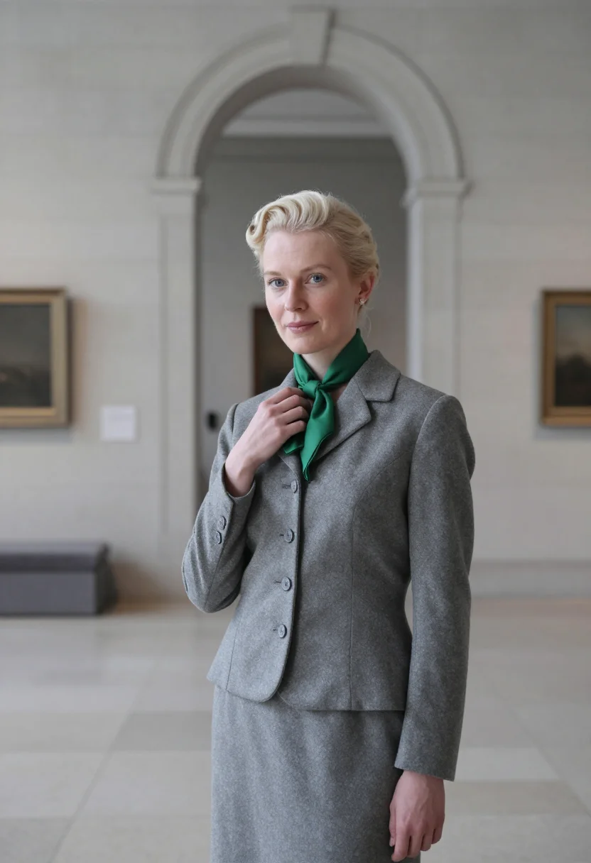 AI vertigo san francisco madeleine grey suit emerald sample — portrait of a woman, a Swedish woman in her early thirties w