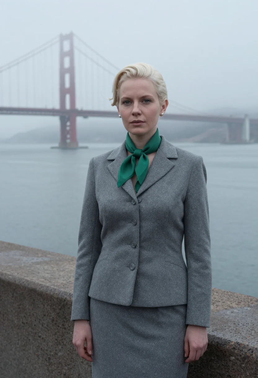 AI vertigo san francisco madeleine grey suit emerald sample — portrait of a woman, a Polish woman in her late twenties wit