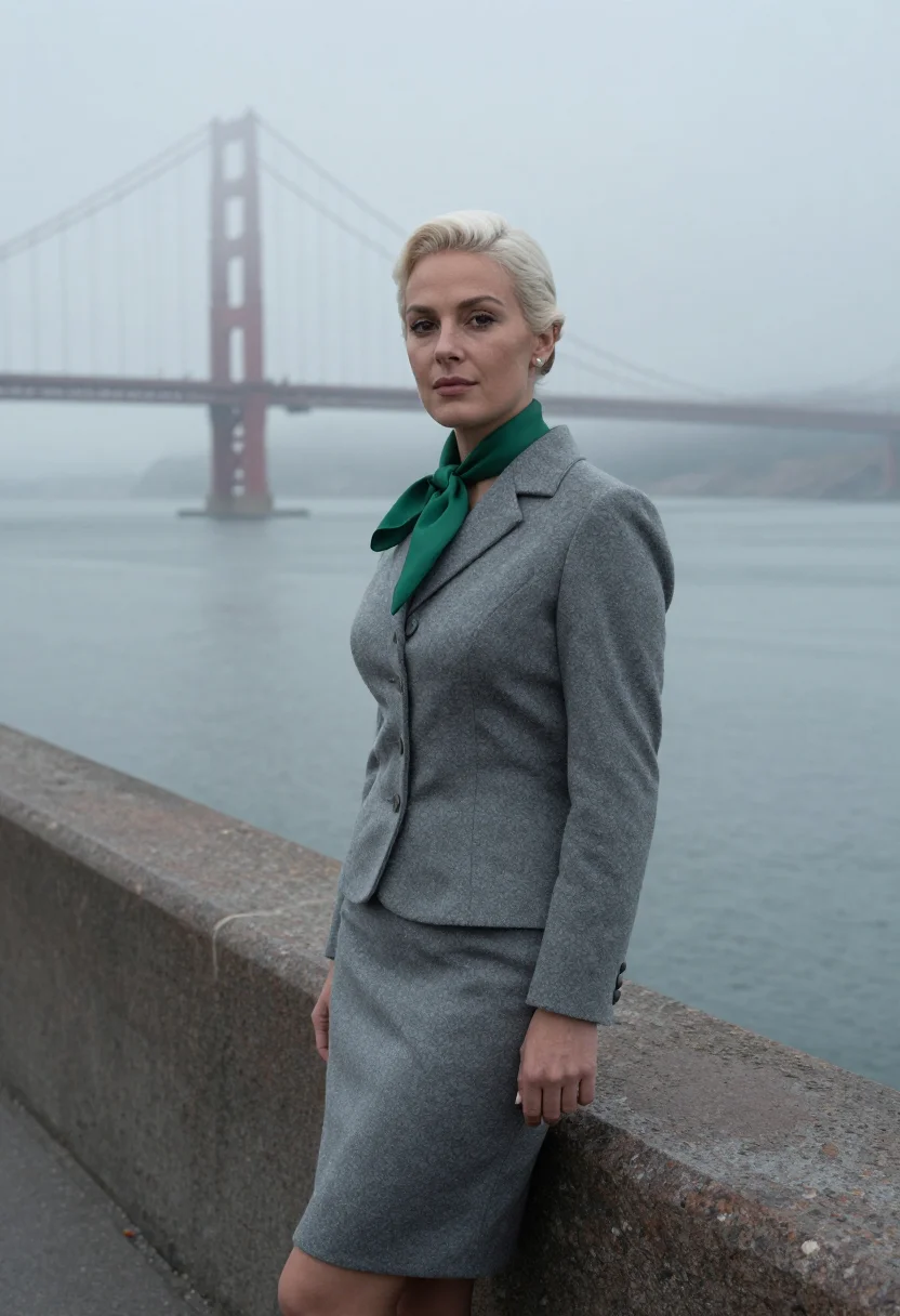 AI vertigo san francisco madeleine grey suit emerald sample — portrait of a woman, a Spanish woman in her early thirties w