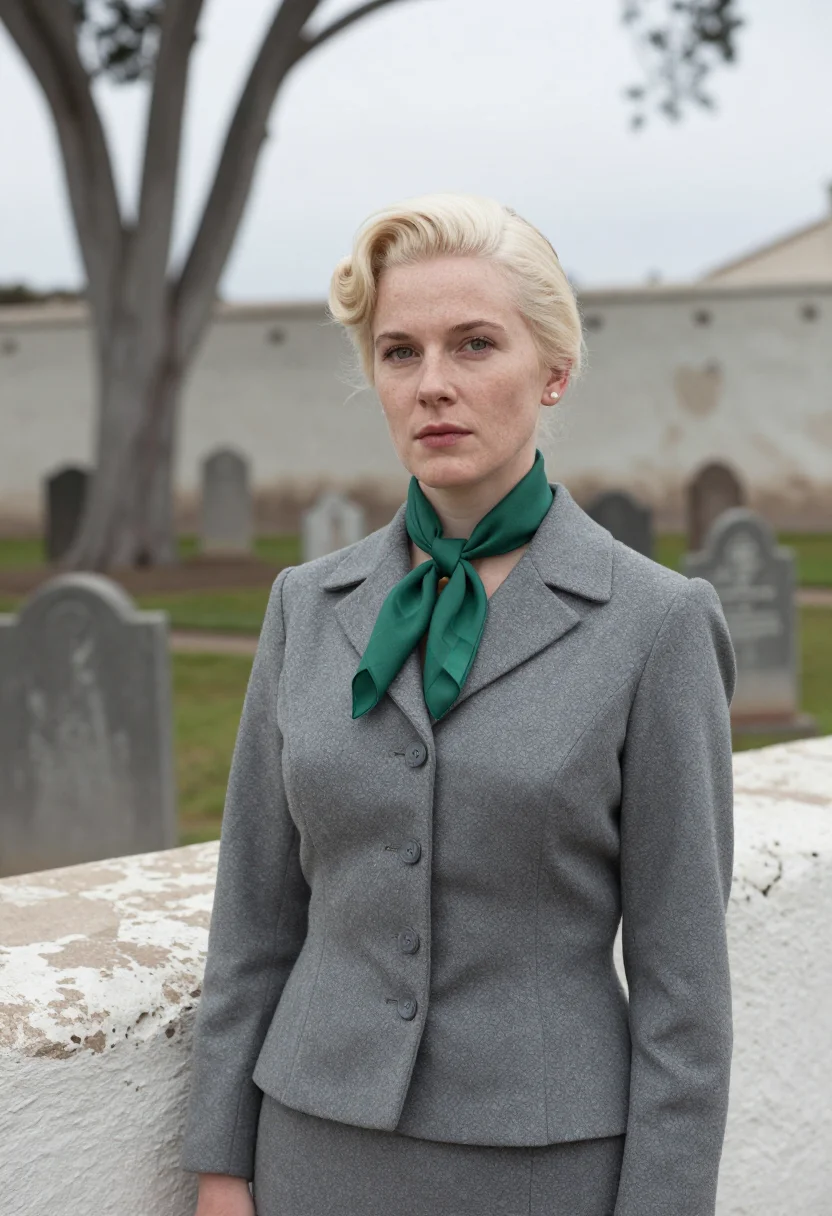 AI vertigo san francisco madeleine grey suit emerald sample — portrait of a woman, an Irish woman in her early thirties wi