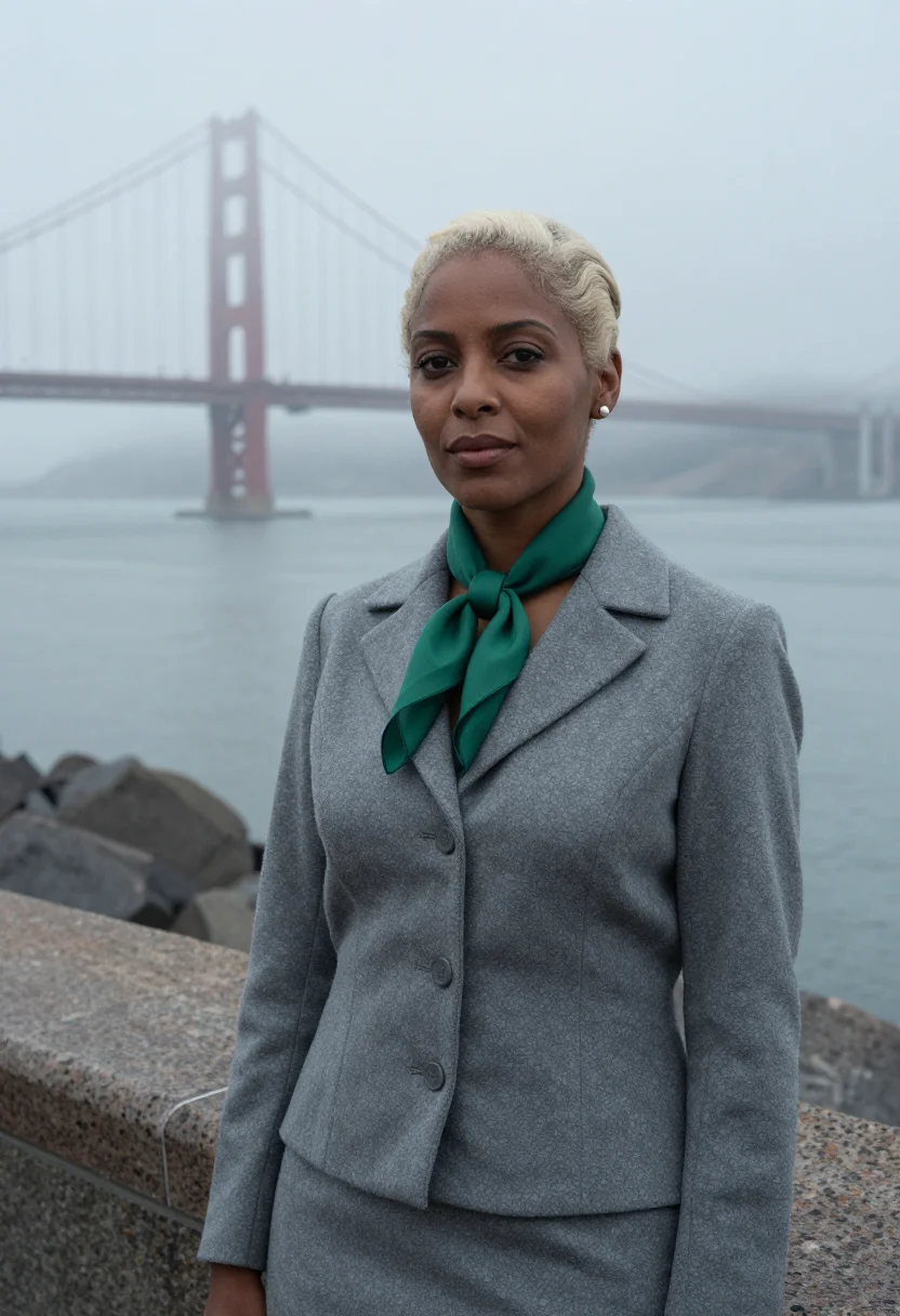 AI vertigo san francisco madeleine grey suit emerald sample — portrait of a woman, an African-American woman in her early
